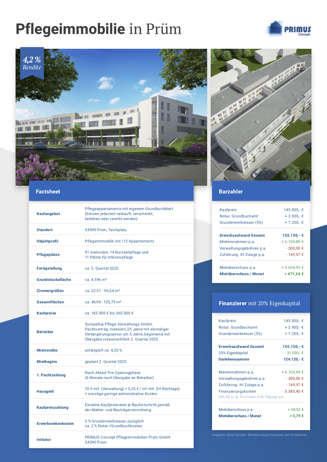 Hier sehen Sie das Factsheet (Voderseite) mit wichtigen Informationen zur Pflegeimmobilie in Prüm.